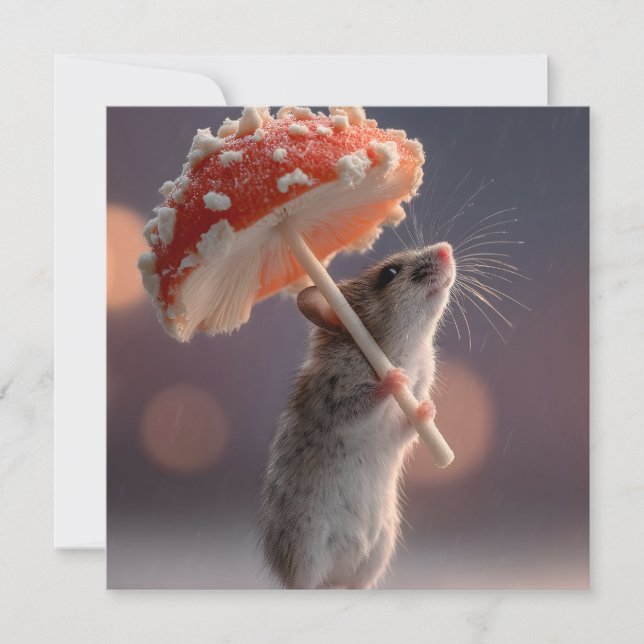 Whimsical Mouse Using a Mushroom as an Umbrella Holiday Card (Front)