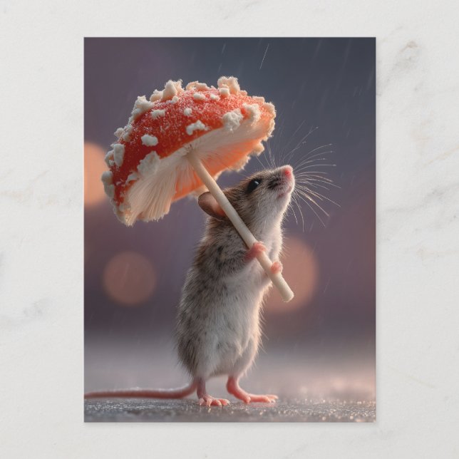 Whimsical Mouse Using a Mushroom as an Umbrella Holiday Postcard (Front)