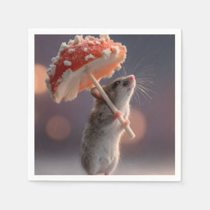 Whimsical Mouse Using a Mushroom as an Umbrella Napkins