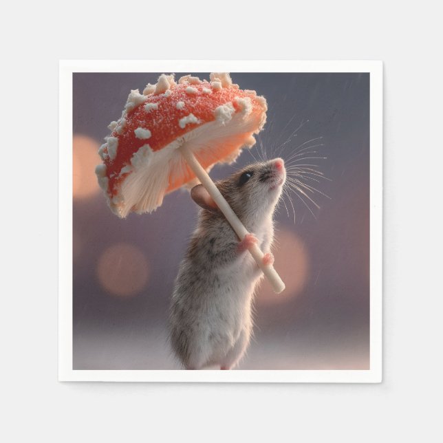 Whimsical Mouse Using a Mushroom as an Umbrella Napkins (Front)