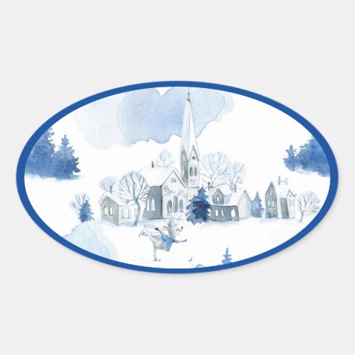 Whimsical Mouse Village Blue and White Holiday Oval Sticker