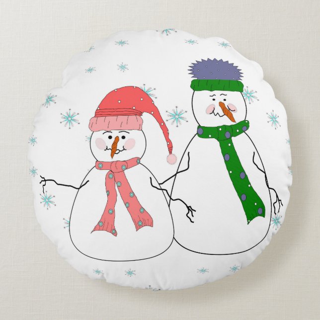 Whimsical Mr. and Mrs. Snowman Snowing Winter Art Round Pillow (Front)