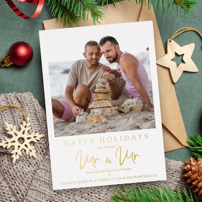 Whimsical MR & MR Gay Christmas Wedding Photo Foil Holiday Card (Creator Uploaded)
