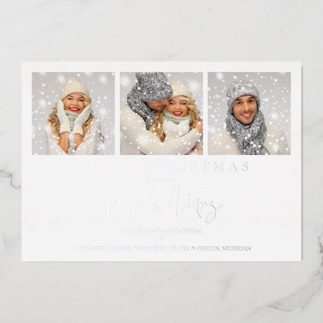 Whimsical MR & MRS Christmas Wedding 3 Photos Foil Invitation (Front)