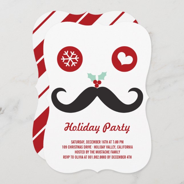 Whimsical Mr. Mustache Funny Holiday Party Invite (Front/Back)