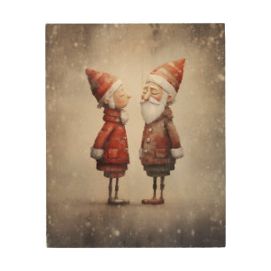 Whimsical Mrs and Mr Claus Cartoon Wood Wall Art