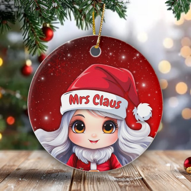 Whimsical Mrs. Claus Profile Picture Snow Fall🤶🎄 Ceramic Ornament (Editable Whimsical Mrs. Claus Profile Picture with Snow Fall on a Seasonal Red Ceramic Ornament 🤶🎄)