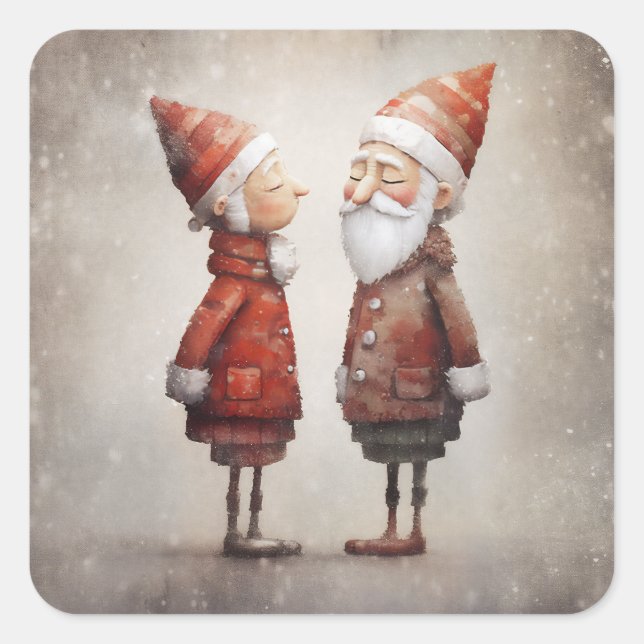 Whimsical Mrs & Mr Claus Cartoon Square Sticker (Front)