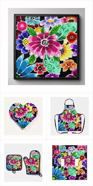 Whimsical Multi-Color Folk-Art Flowers Floral Pink