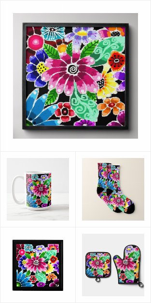 Whimsical Multi-Color Folk-Art Flowers Floral Pink