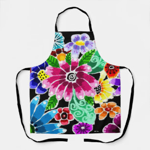 Whimsical Multi-Color Folk-Art Flowers Floral Pink Apron