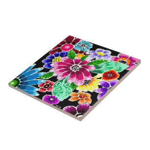 Whimsical Multi-Color Folk-Art Flowers Floral Pink Ceramic Tile