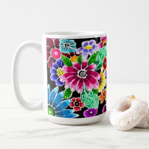 Whimsical Multi-Color Folk-Art Flowers Floral Pink Coffee Mug