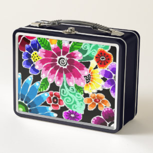 Whimsical Multi-Color Folk-Art Flowers Floral Pink Metal Lunch Box