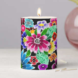 Whimsical Multi-Color Folk-Art Flowers Floral Pink Pillar Candle