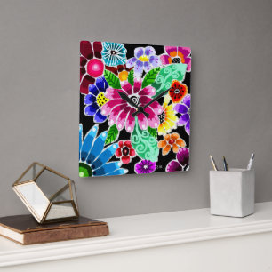 Whimsical Multi-Color Folk-Art Flowers Floral Pink Square Wall Clock
