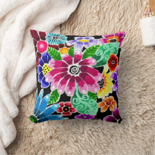 Whimsical Multi-Color Folk-Art Flowers Floral Pink Throw Pillow