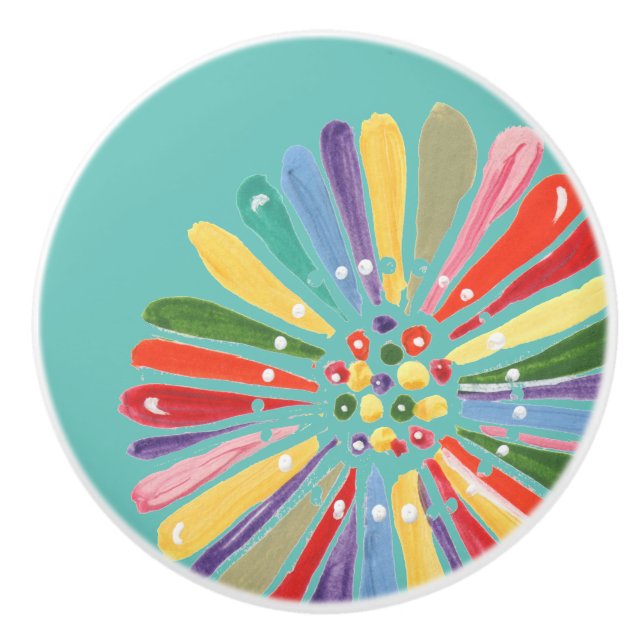 Whimsical Multi Color Watercolor Daisy Flower Ceramic Knob (Front)