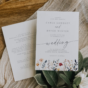 Whimsical Multicolor Wildflower Front Back Wedding Invitation