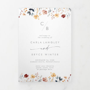 Whimsical Multicolor Wildflower Monogram Wedding Tri-Fold Program