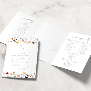 Whimsical Multicolor Wildflower Monogram Wedding Tri-Fold Program