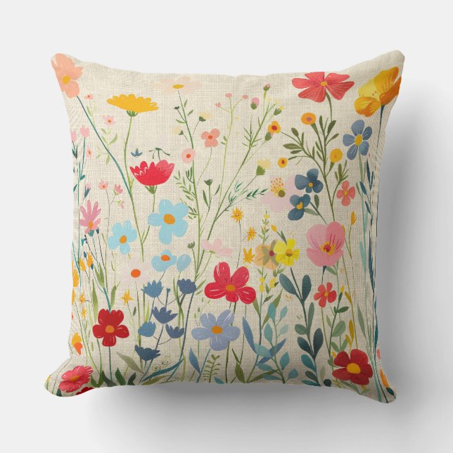 Whimsical Multicolored Floral Garden Throw Pillow (Front)