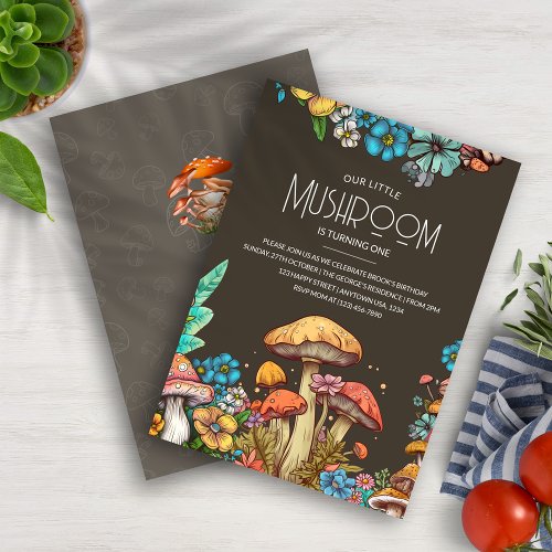 Whimsical Mushroom 1st Birthday Card Kids Invite