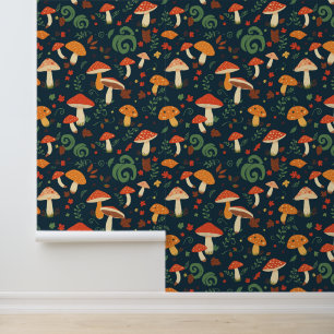 Whimsical Mushroom and Foliage Pattern Wallpaper
