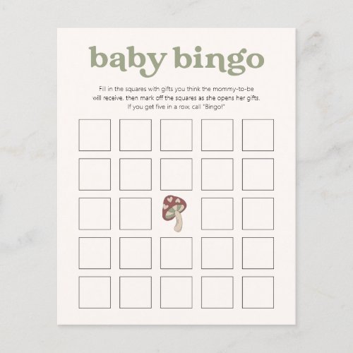 Whimsical Mushroom Baby Shower Game  Bingo Green 