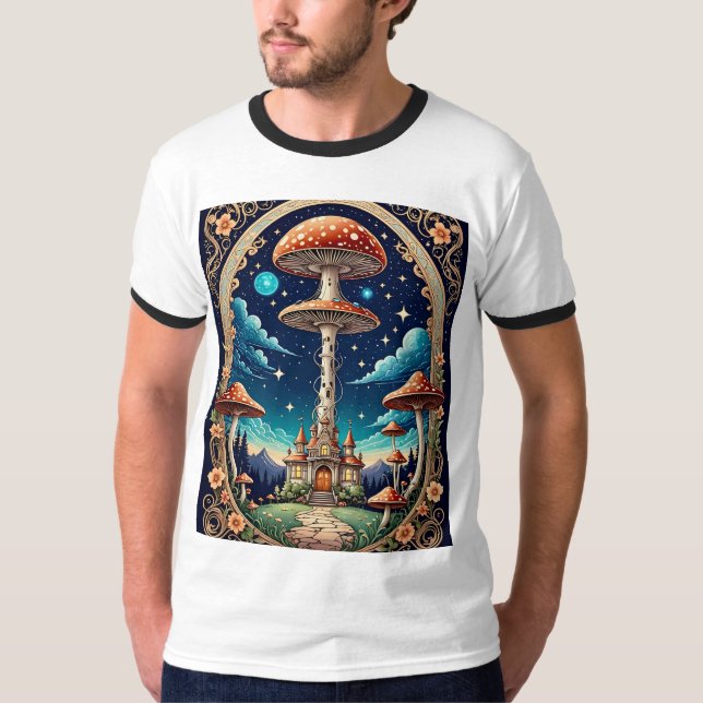 Whimsical Mushroom Castle Fantasy T-Shirt (Front)