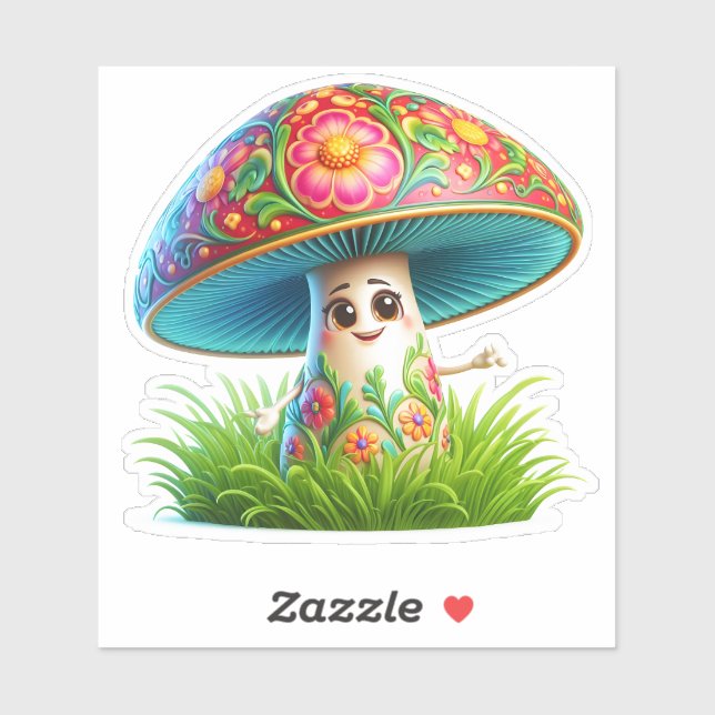 Whimsical Mushroom Character Surrounded by Flowers Sticker (Sheet)