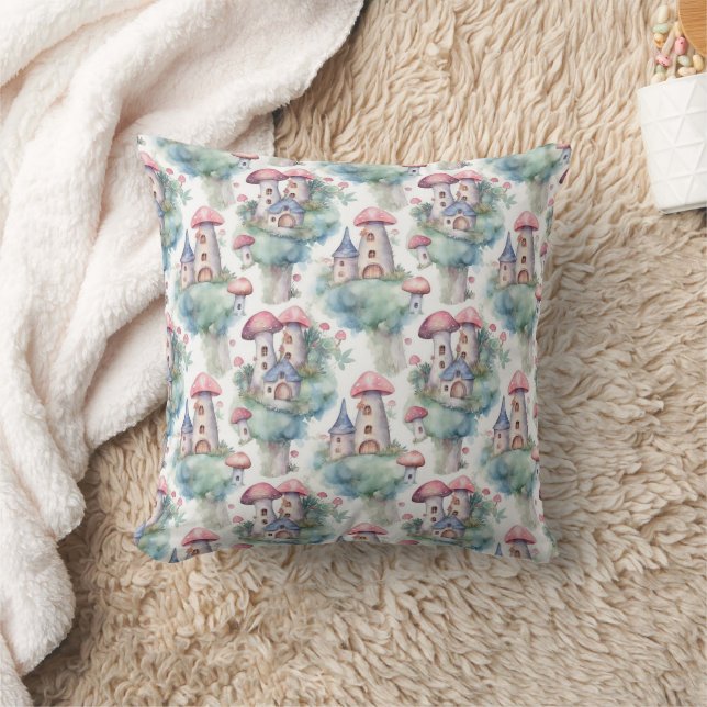 Whimsical Mushroom Cottage Pattern (10) Throw Pillow (Blanket)