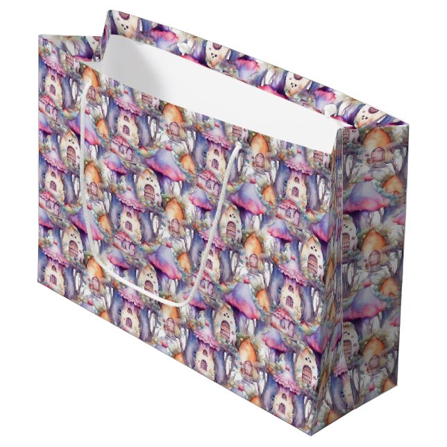 Whimsical Mushroom Cottage Pattern (2) Large Gift Bag (Front Angled)