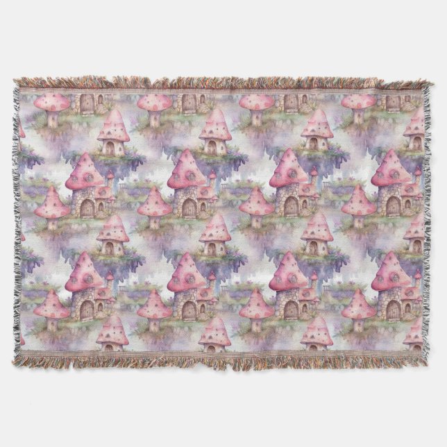 Whimsical Mushroom Cottage Pattern (4) Throw Blanket (Front)