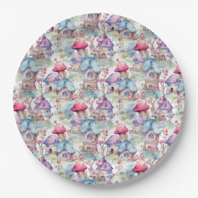 Whimsical Mushroom Cottage Pattern (6) Paper Plates (Front)