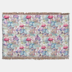 Whimsical Mushroom Cottage Pattern (6) Throw Blanket