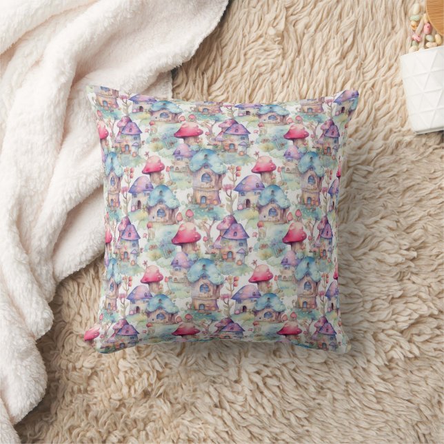 Whimsical Mushroom Cottage Pattern (6) Throw Pillow (Blanket)