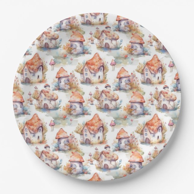 Whimsical Mushroom Cottage Pattern (9) Paper Plates (Front)