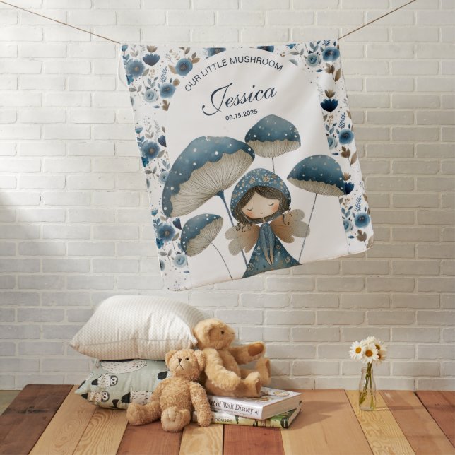 Whimsical Mushroom Fairy Floral Monogrammed Name Baby Blanket (In Situ)