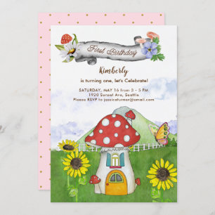 Whimsical Mushroom Floral Banner First Birthday Invitation