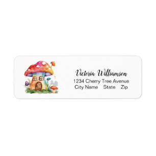 Whimsical Mushroom House Cute Watercolor Custom Label