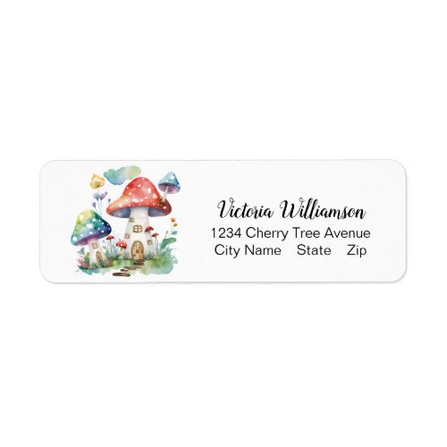 Whimsical Mushroom House Cute Watercolor Label