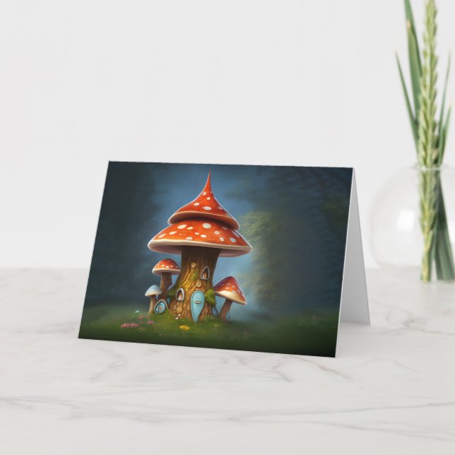 Whimsical mushroom house letterpress thank you card (Front)