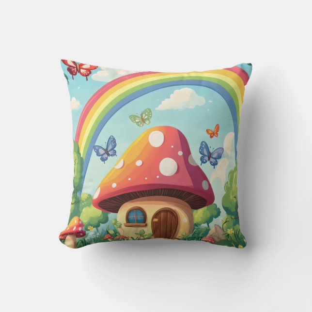 Whimsical Mushroom houses and rainbow 8 Throw Pillow (Front)