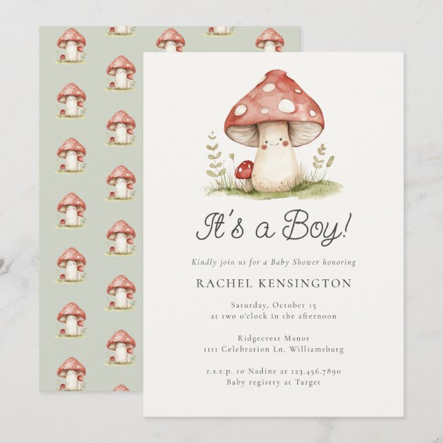 Whimsical Mushroom It's a Boy Baby Shower Invitation (Front/Back)