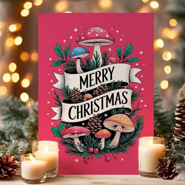Whimsical Mushroom Merry Christmas Pink Holiday Card (Creator Uploaded)