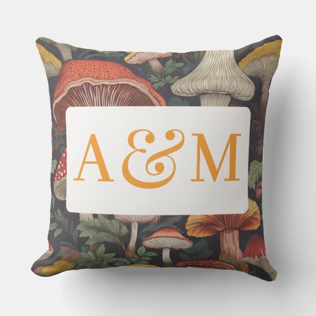 Whimsical Mushroom Pattern with Dual Monogram Outdoor Pillow (Front)