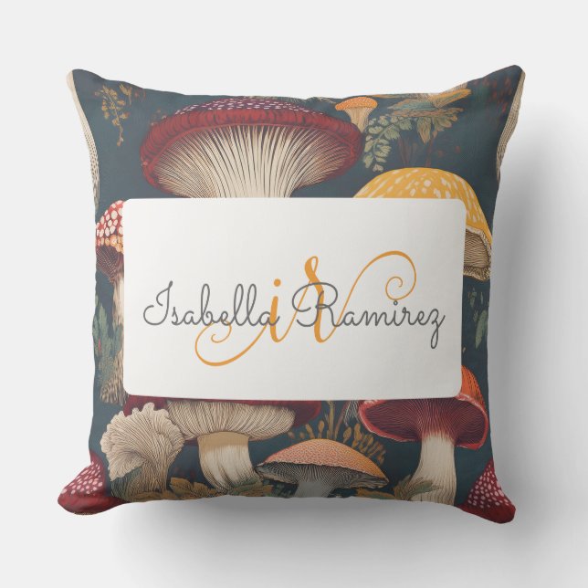Whimsical Mushroom Pattern with Name & Monogram Outdoor Pillow (Front)