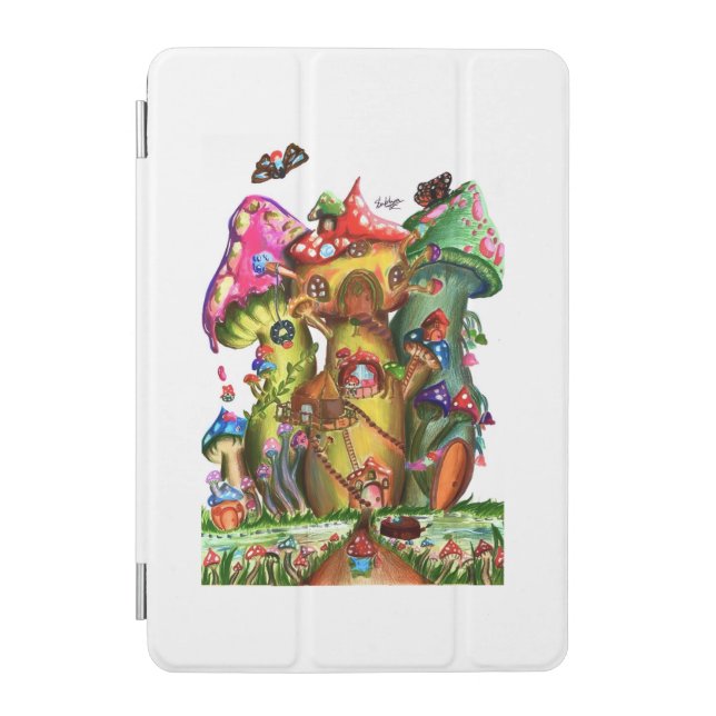 Whimsical Mushroom Village Fantasy Artwork iPad Mini Cover (Front)