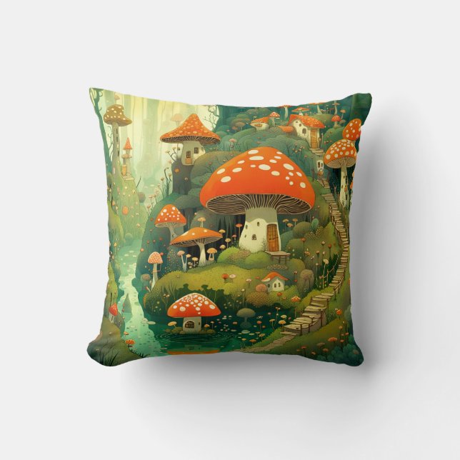 Whimsical Mushroom Village Square Throw Pillow (Front)